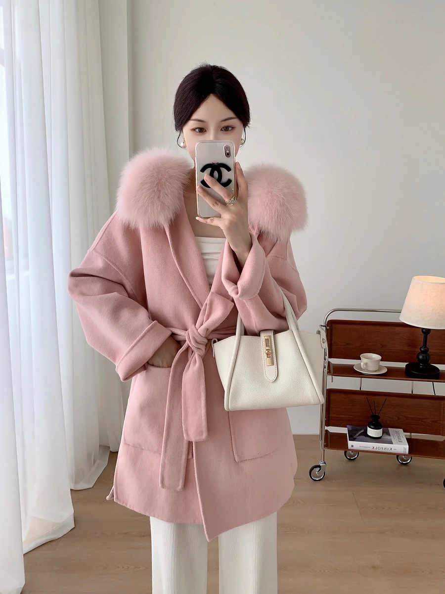 2024 New Oversize Ladies Outerwear Real Fur Coat Winter Jacket Women Natural Fox Fur Collar Cuffs Hood Cashmere Wool Woolen