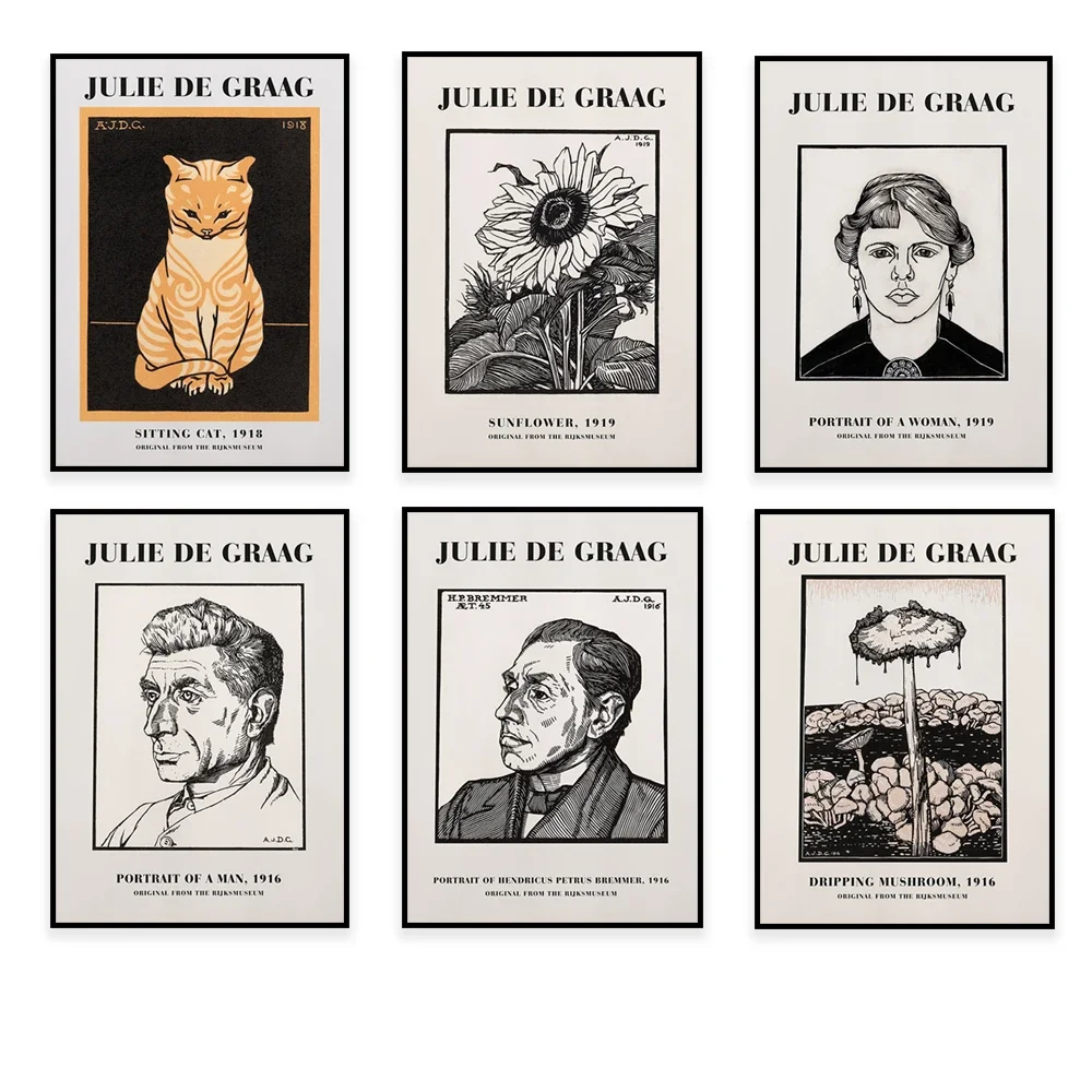 Julie de Gragg, hongo, retrato Bremer, retrato femenino, girasol, cartel de gato sentado, exposición de arte vintage Gragg Poster