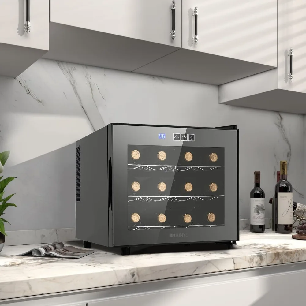 Refrigerador enfriador de vino, refrigerador de vino pequeño mejorado de 12 botellas, Control de temperatura enfriador de vino de encimera, 46-66 ° F Chip Doble, Mi