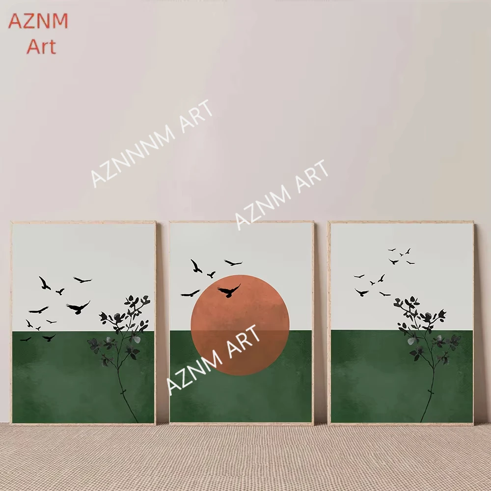 1/3 Uds., sol naranja, rama de árbol, hoja, pájaro, verde oscuro, póster, lienzo, pintura impresa, imagen artística de pared Japandi para sala de estar y hogar