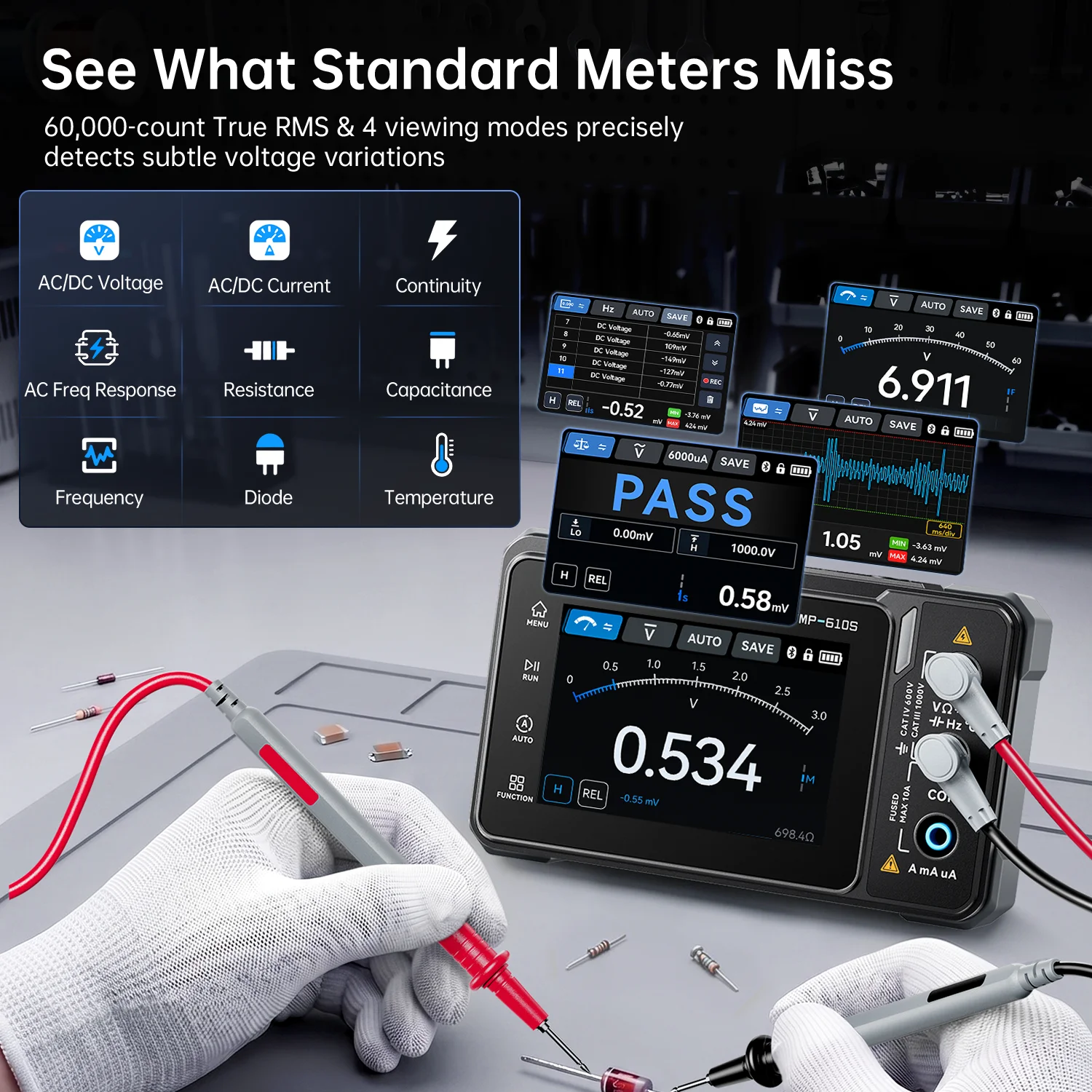 FNIRSI TMP-610S 3-in-1 Oscilloscope Multimeter Signal Generator 60000 Counts 10MHz 48MSa/s APP Car Repair Tool