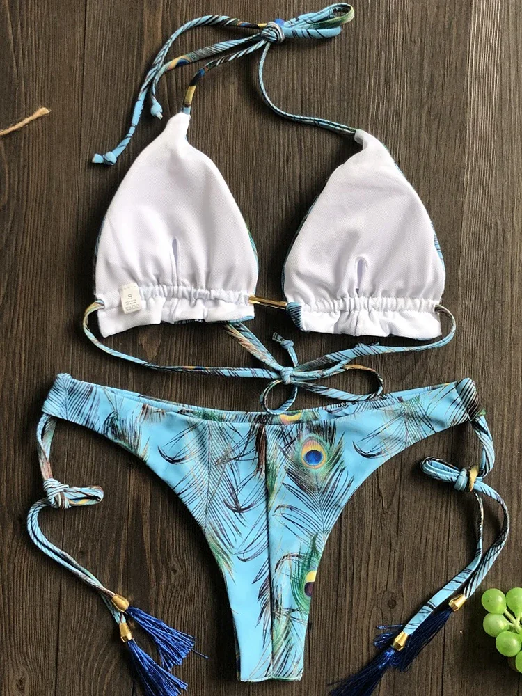 Conjunto de microbikinis sexys para mujer, traje de baño con estampado de plumas, traje de baño femenino, bikinis brasileños 2024