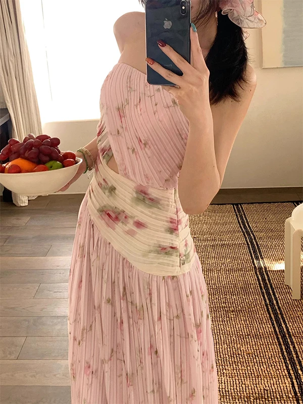 

Summer 2026 Women's Slimming Floral Print Gown with Hollow out Detail Princess Style Long Maxi Strapless Dress Casual Wear