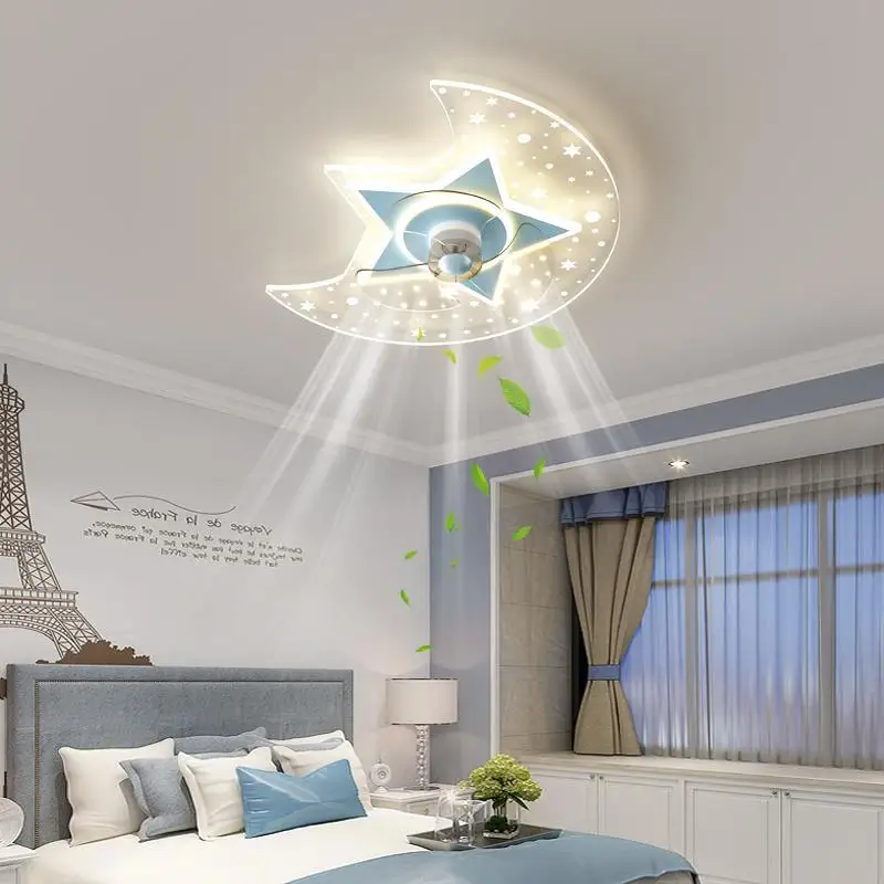 Children Ceiling Fan With Light Kids Room Light Ceiling Star Moon Chandelier fan Modern Nursery Baby Boys Girls Bedroom Lamp 실링팬