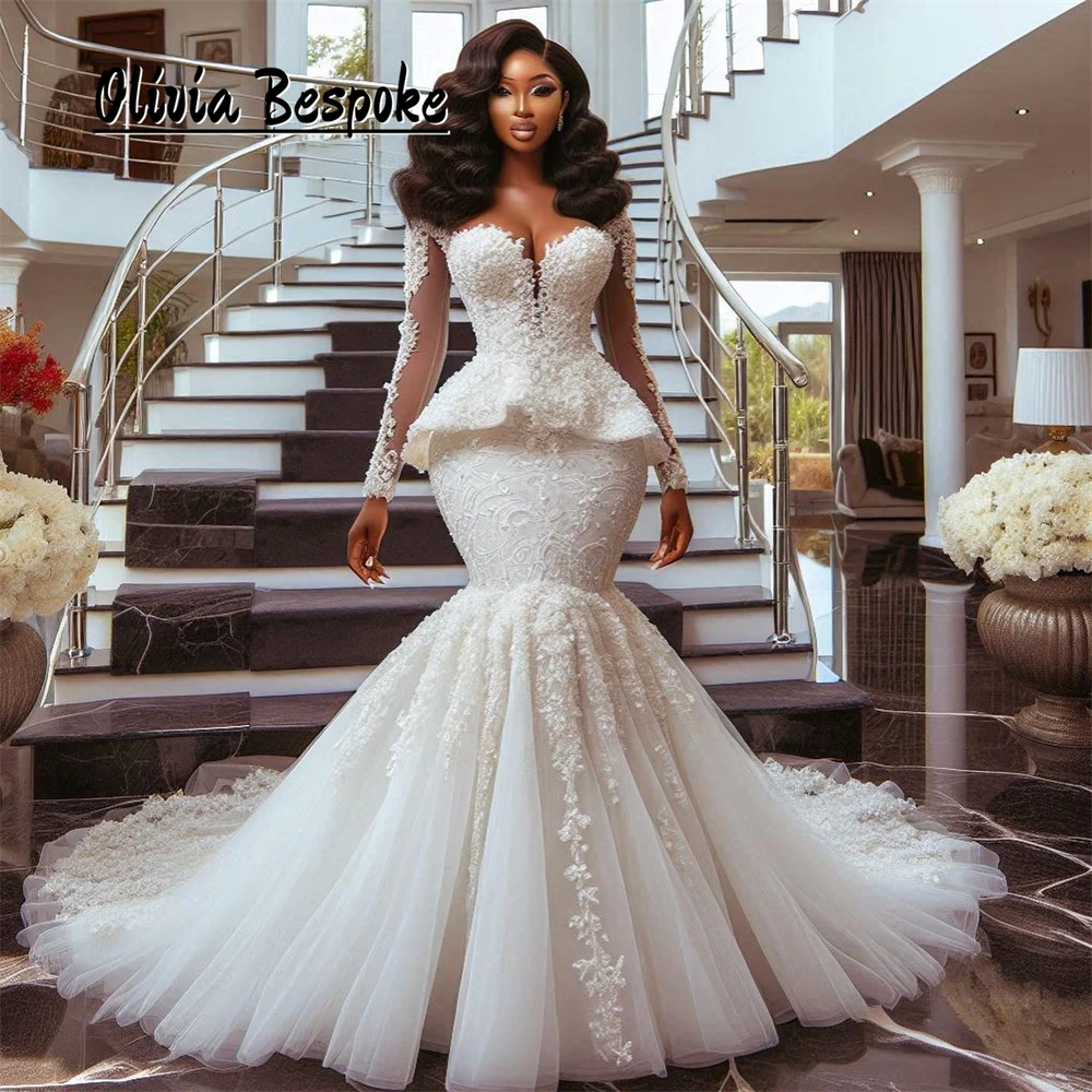 

Fascinating Aso Ebi Brides Wedding Dresses Lace Applique Long Sleeves Tulle Train Mermaid vestidos de novia 2025 Customized