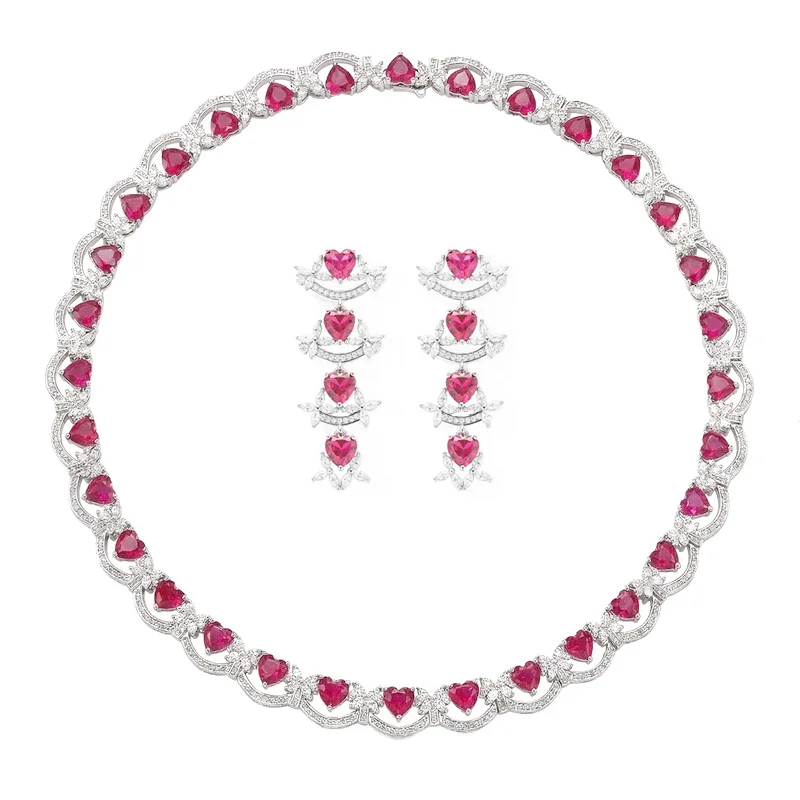 Designer Collection Style Earrings Necklace Women Lady Inlay Green Red Purple Heart Cubic Zircon Pendant Choker Jewelry Sets