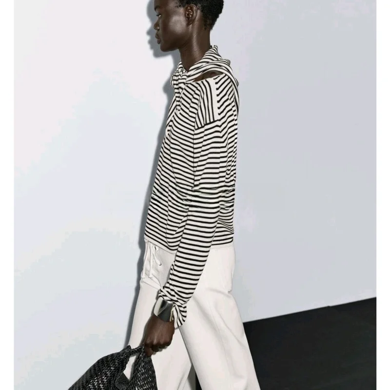 Nowa Kolekcja Wczesna Jesień Damska Dzianinowa Długa Bluza Bawełniana w Paski Miękka Przyjazna dla Skóry Marynarska Codzienna Chusta 5633575