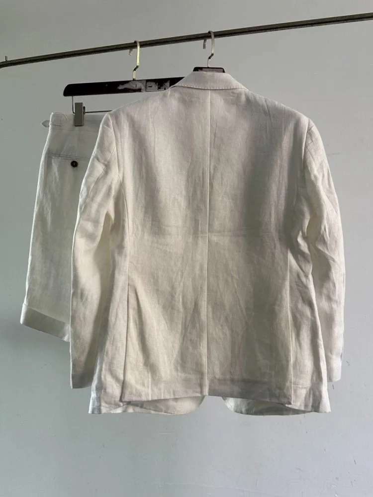 Italian Style Summer Fashion Solid Color Linen Suits Mens Sets Thin Turn Down Collar Single Breasted Casual Breathable Shorts
