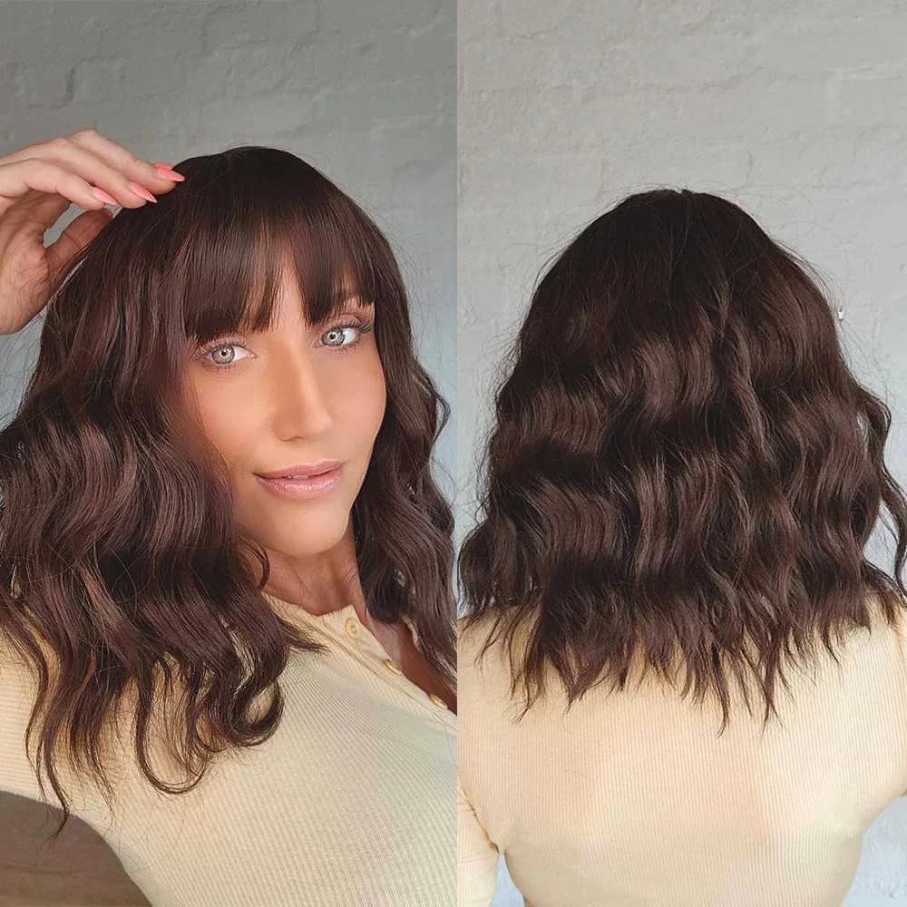 Premium Fiber Full Bangs Wig with Lace Front Dark Brunette Highlighted Colored Hair High Quality Synthetic Wig for Women Daily