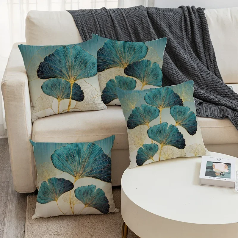 45x45cm Print Ginkgo Leaves Pillows Case Polyester Short Plush Modern Floral Chair Cushions Case Living Room Decor Pillowcase