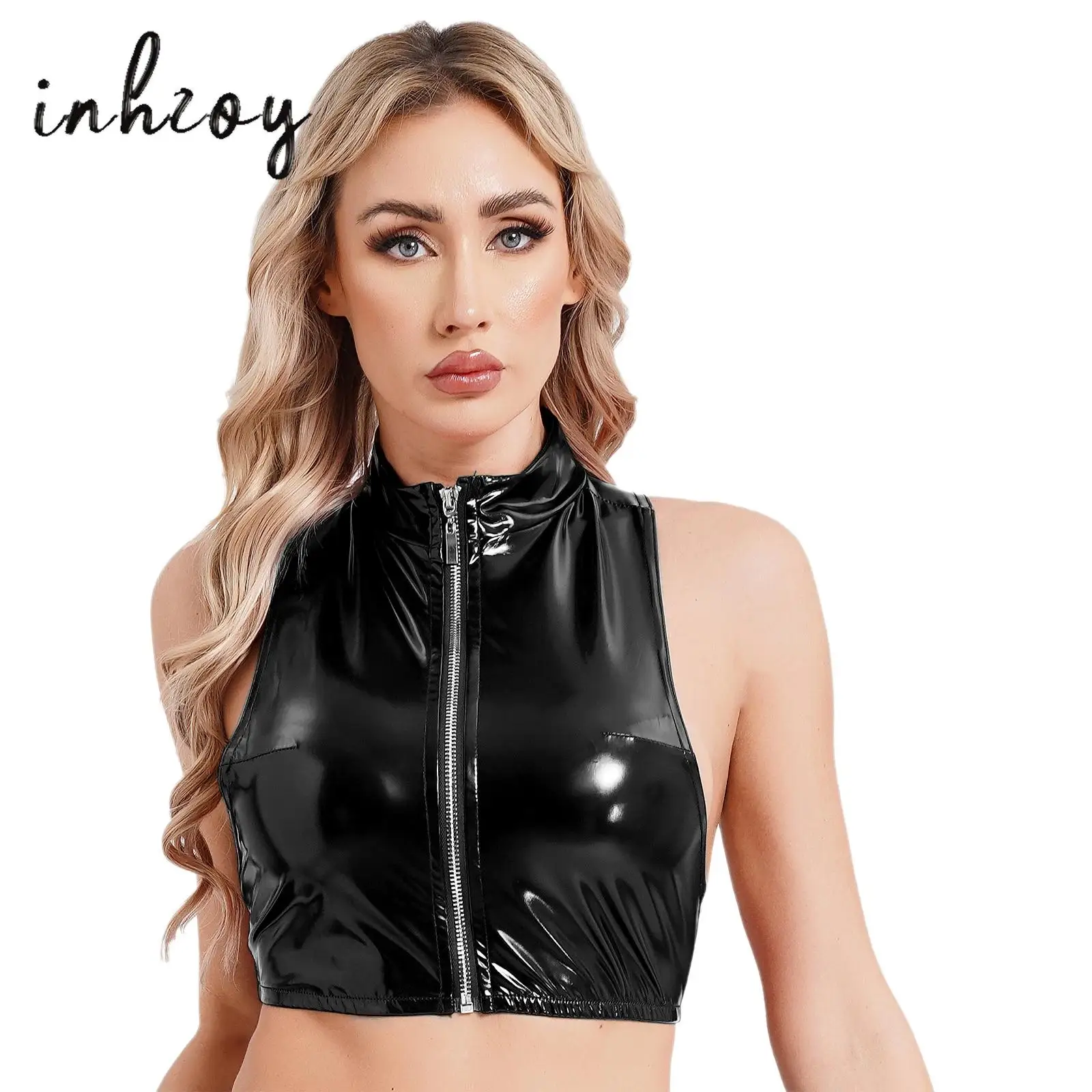 Womens Patent Leather Crop Tops Sleeveless Stand Collar Front Zipper Gothic Punk Corset Top Tank Vest Party Clothes Clubwear