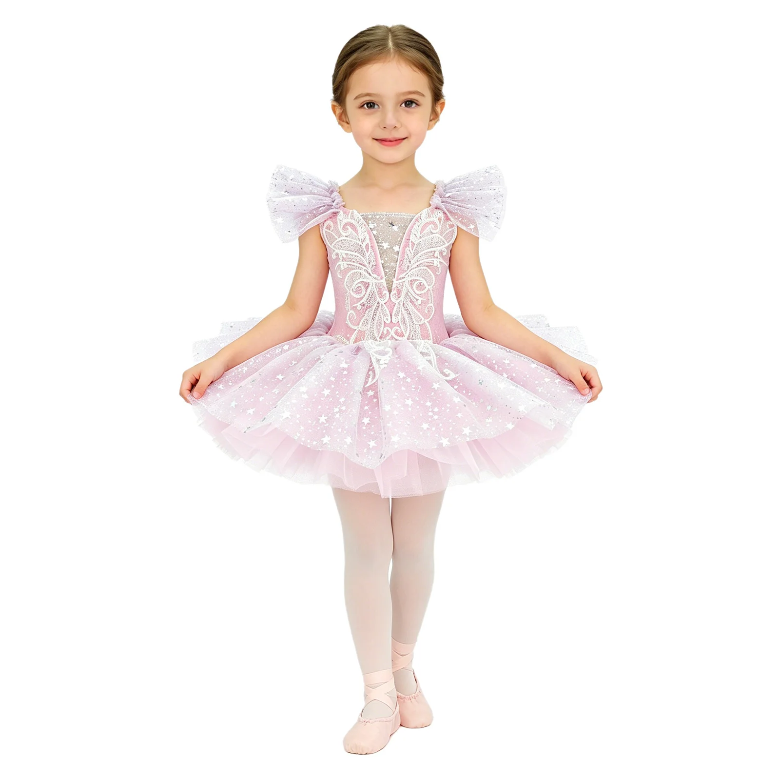Kids Embroidery Ballerina Ballet Dress for Girls Stage Performance Ruffled Sleeves Sequin Tulle Tutu Dress Princess Costumes