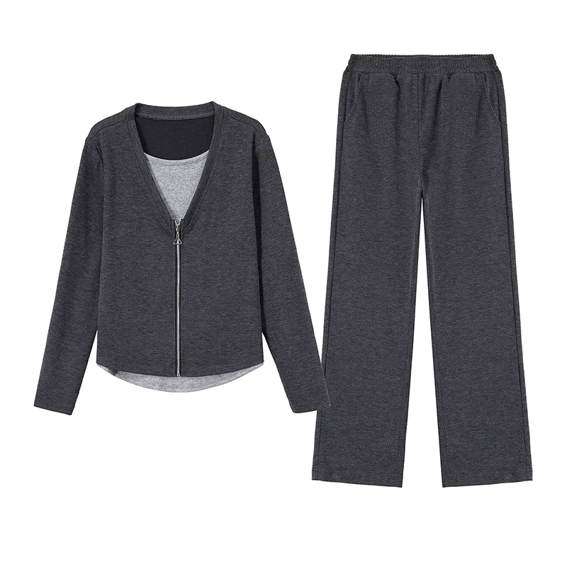 

New Women'S Fashionable Cardigan Zipper Fake Two-Piece Sports Set Korean Version Spring And Autumn Casual Loose Two-Piece Set