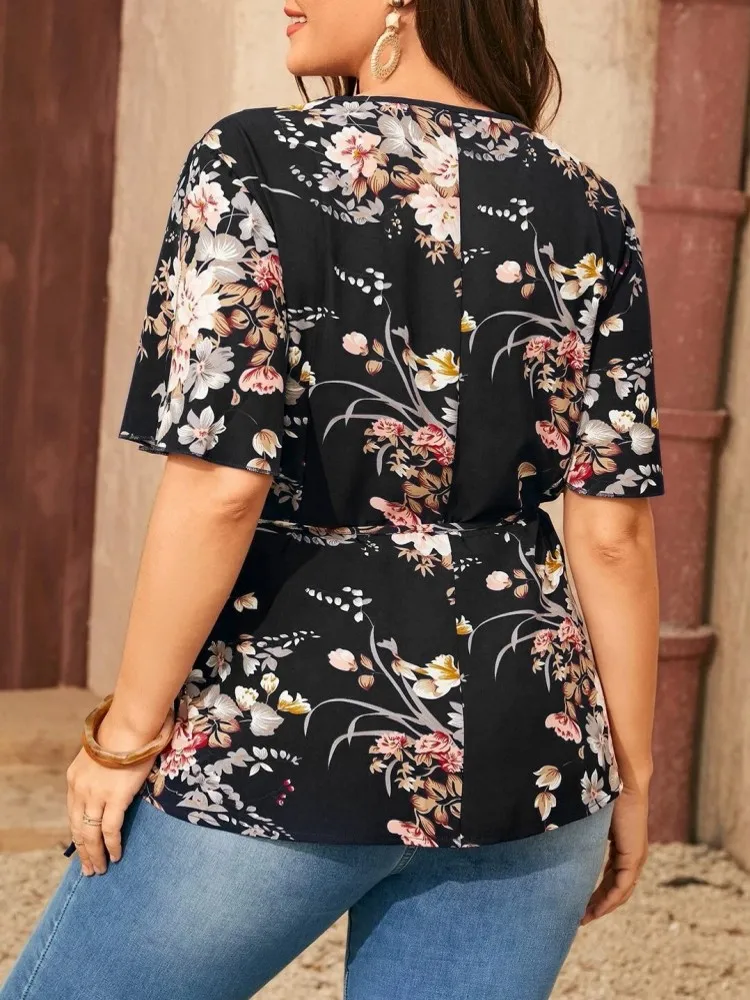 Picture 5: Women's Plus Size L-4XL Casual Short Sleeve Shirt Big Size 3XL Flower Printing Blouse Top Women Clothing Oversized Summer Autumn
