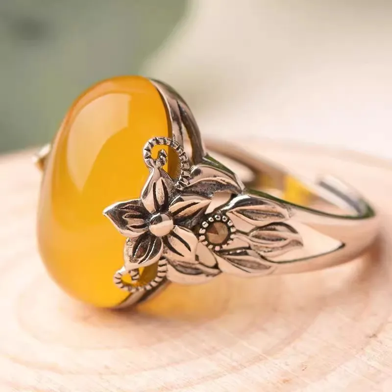 Artistic retro style silver 925 flowers inlaid natural chalcedony yellow oval rings for women High quality adjustable jewelry