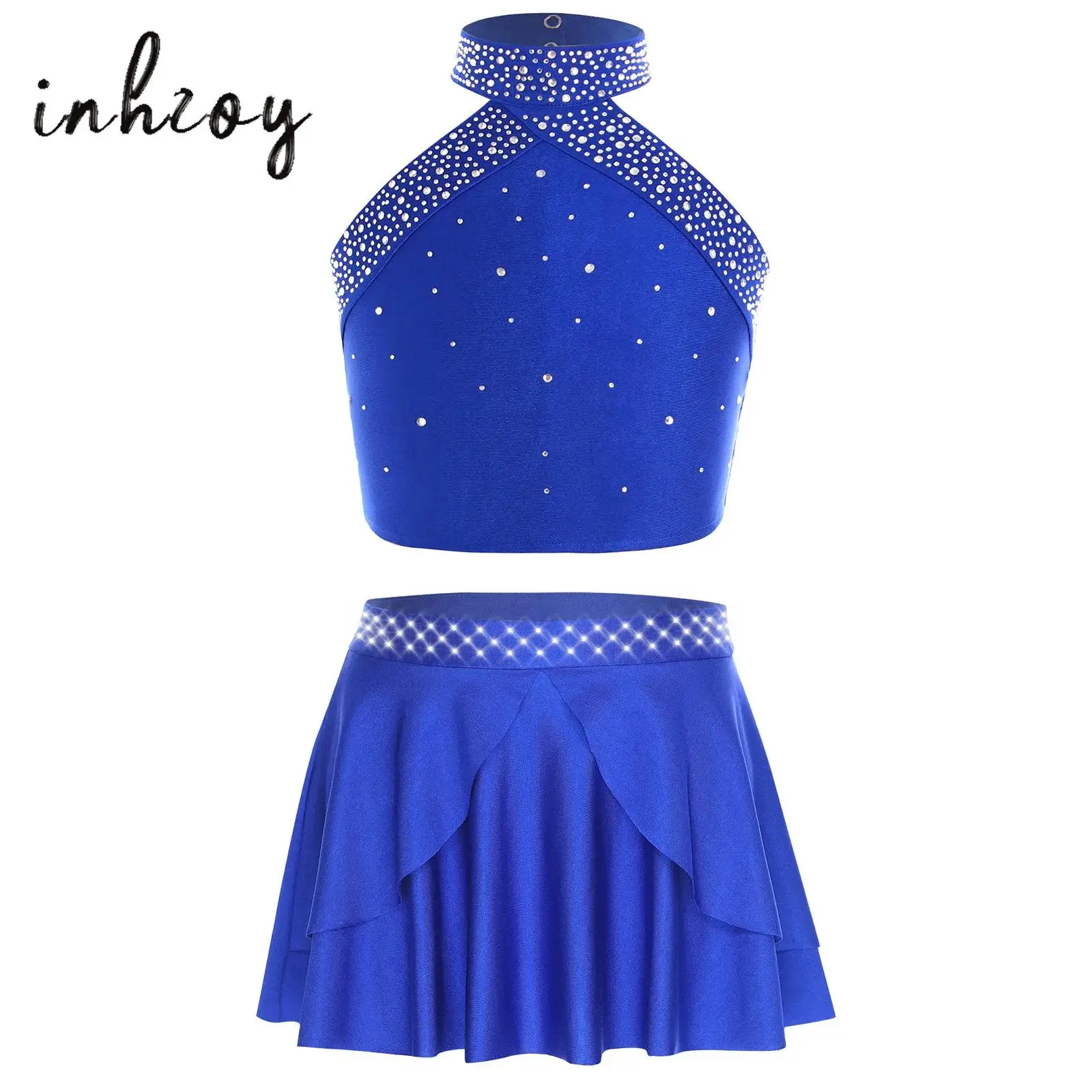

Kids Girls Ballet Lyrical Dance Outfit Halter Neck Cross Back Shiny Rhinestones Crop Top+Irregular Hem Skirt Figure Skating Set
