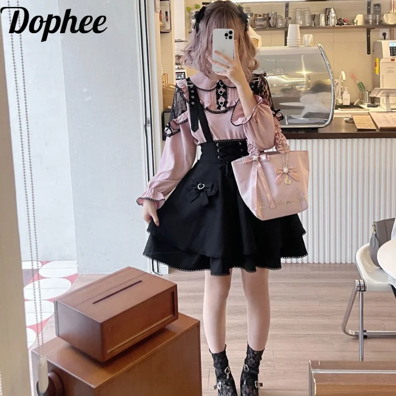 Dophee Japanese Lolita Skirt and Top Women Suits Off Shoulder Lace Long Sleeve Pink Shirt + Gothic Bow Suspenders Skirt Sets