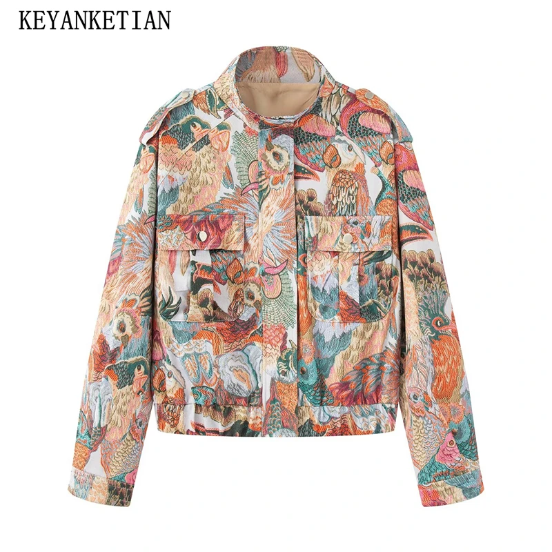 KEYANKETIAN Herbst Neue frauen Stehkragen Schulter Patch Tasche Dekoration Weibliche Pilot Jacke Kurze Jacke Frauen
