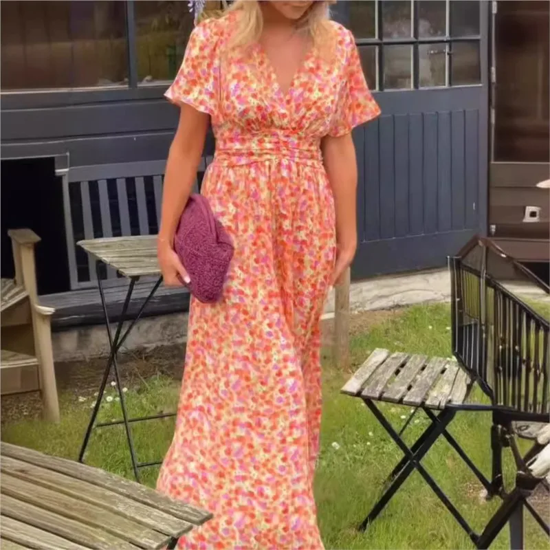 Vintage Women Floral Print Dress Bohemian New Casual V Neck Maxi Sundress Ladies Sexy Summer Boho Dress Female Beach Party Femme