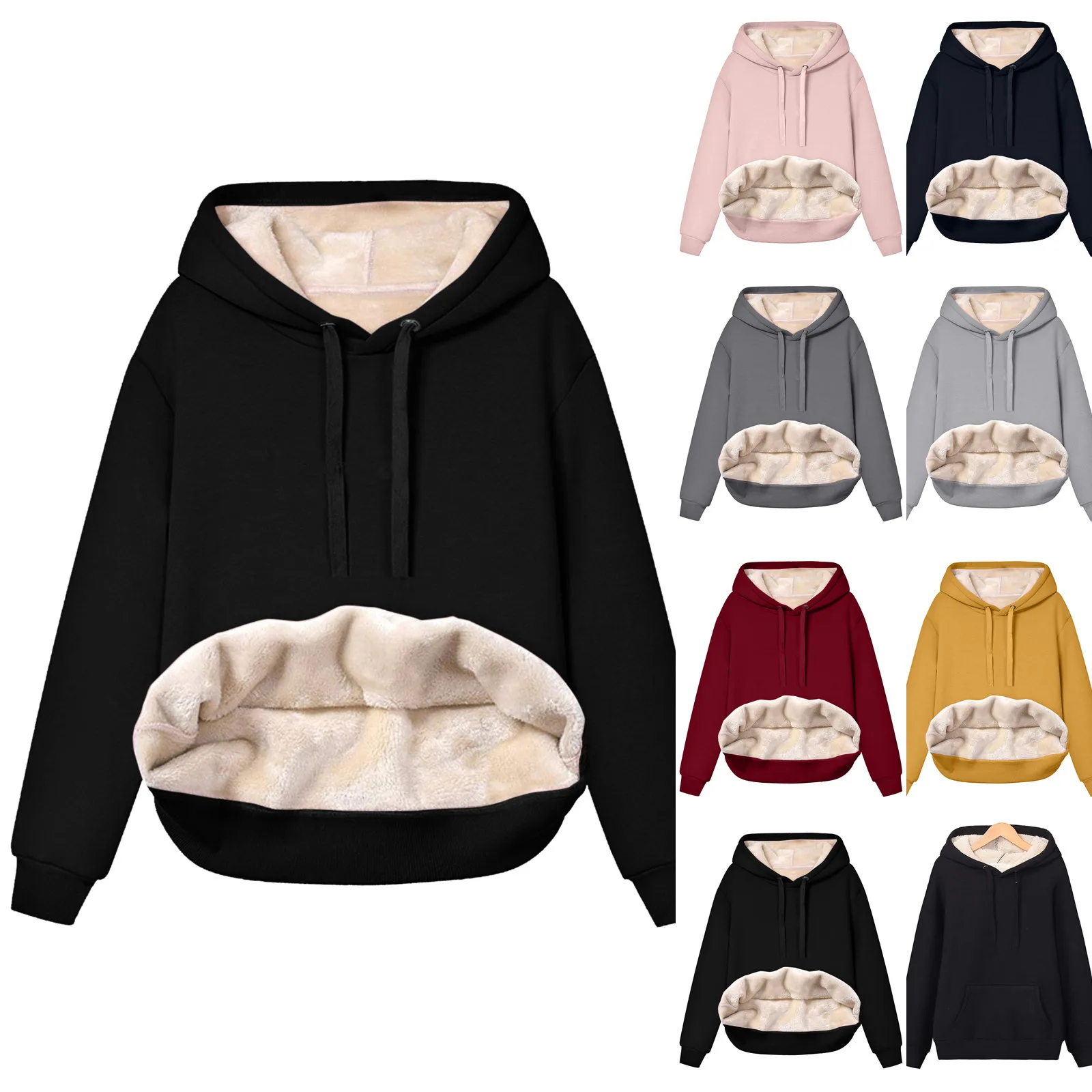 

﻿ Thicken Hooded Pullover Loose Long Sleeve Sweatshirts Autumn Winter Lambswool Women's Hoodies Solid Color Casual Warm Sweater