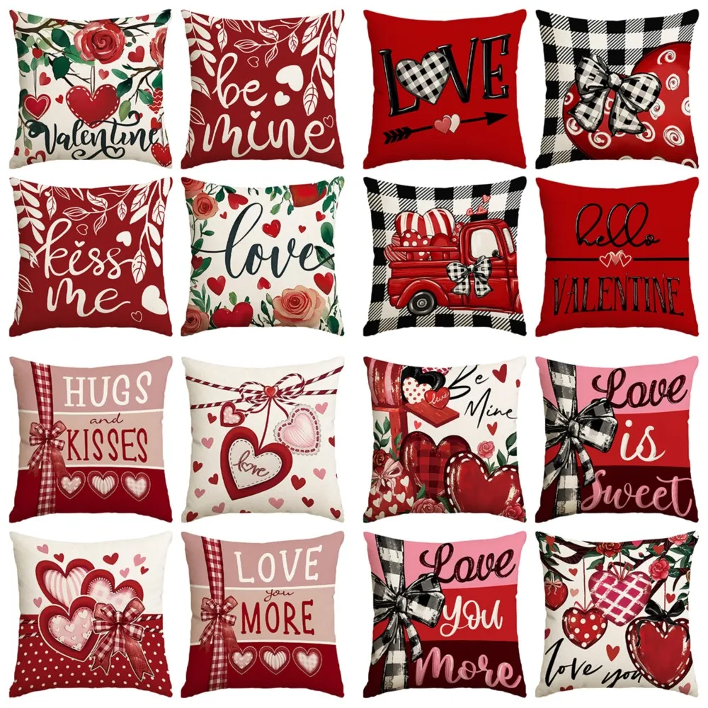 4Pcs Valentine's Day Red Heart and Bow Pattern Throw Pillow, Valentine's Day Decorative Cushion, Soft Plush Cushion With Insert