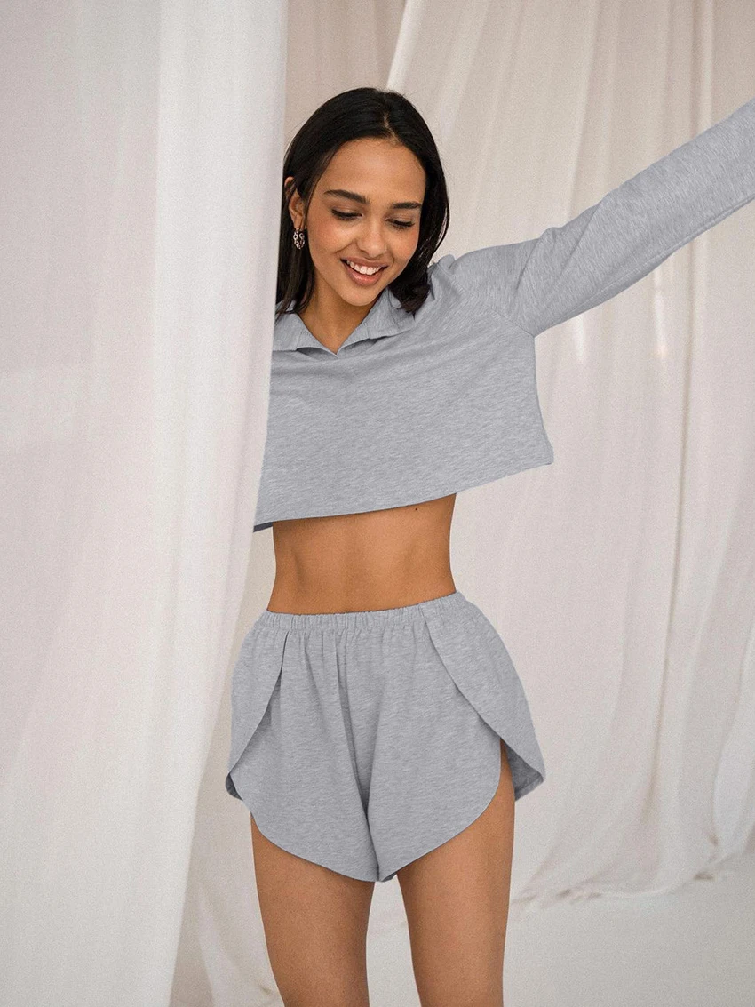 Marthaqiqi Summer Ladies Sleepwear Set Turn-Down Collar Pajama Long Sleeve Nightwear Sexy Crop Top Nightgown Shorts Nightie Suit