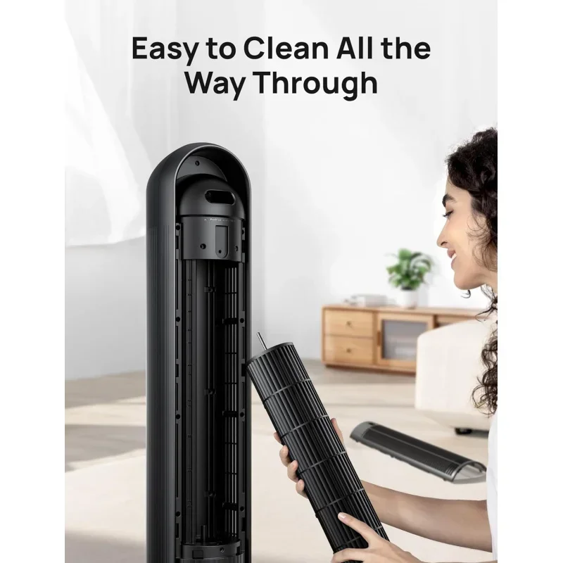 Quarto QWTower, ventilador de chão silencioso com velocidade de 25 pés/S, 90 °     Ventiladores oscilantes para ambientes internos com 4 velocidades, 4 modos, temporizador 8H,