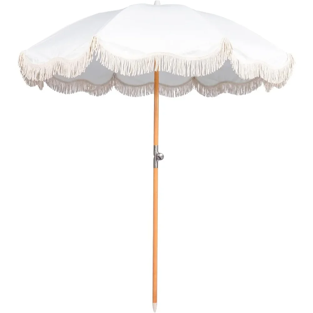 

6.5ft Boho Beach Umbrella with Fringe, UPF 50+ Tassel Umbrellas with Carry Bag, Premium Wood Pole Foldable Patio