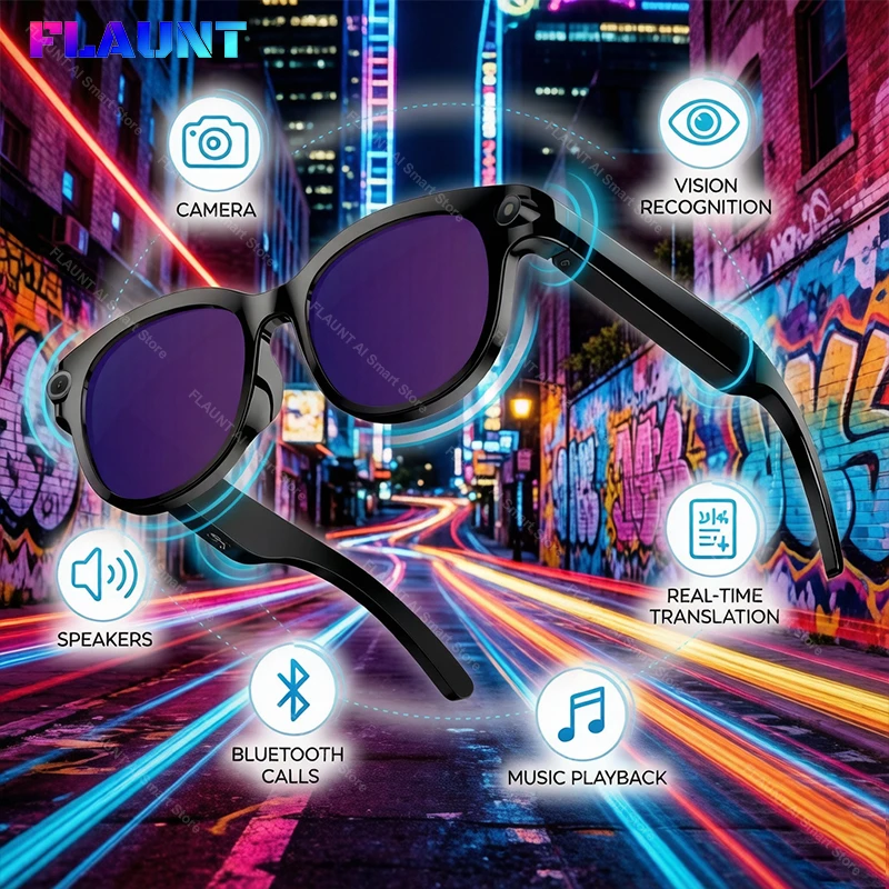 Lunettes intelligentes FLAUNT AI avec caméra 4K, photos HD, ChatGPT, identification d'objets ​ Lunettes Bluetooth avec appel vocal, vidéo, enregistrement musical et traduction