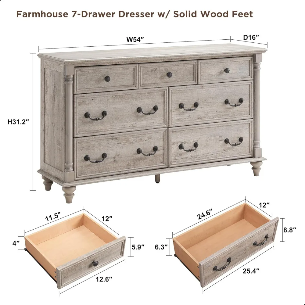 7 Drawers Dresser Chests for Bedroom w/ 4 Solid Wood Feet & Column Decor, Tall Wide Wood Country Rustic Chest of Drawers