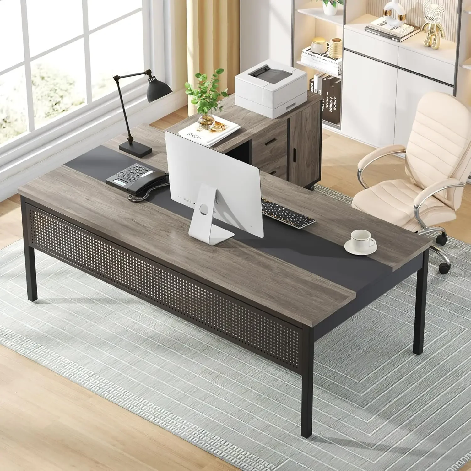 70.8" Large Executive Office Desk and 47" Lateral File Cabinet Combo, L-Shaped Computer Desk Business Furniture with Drawers