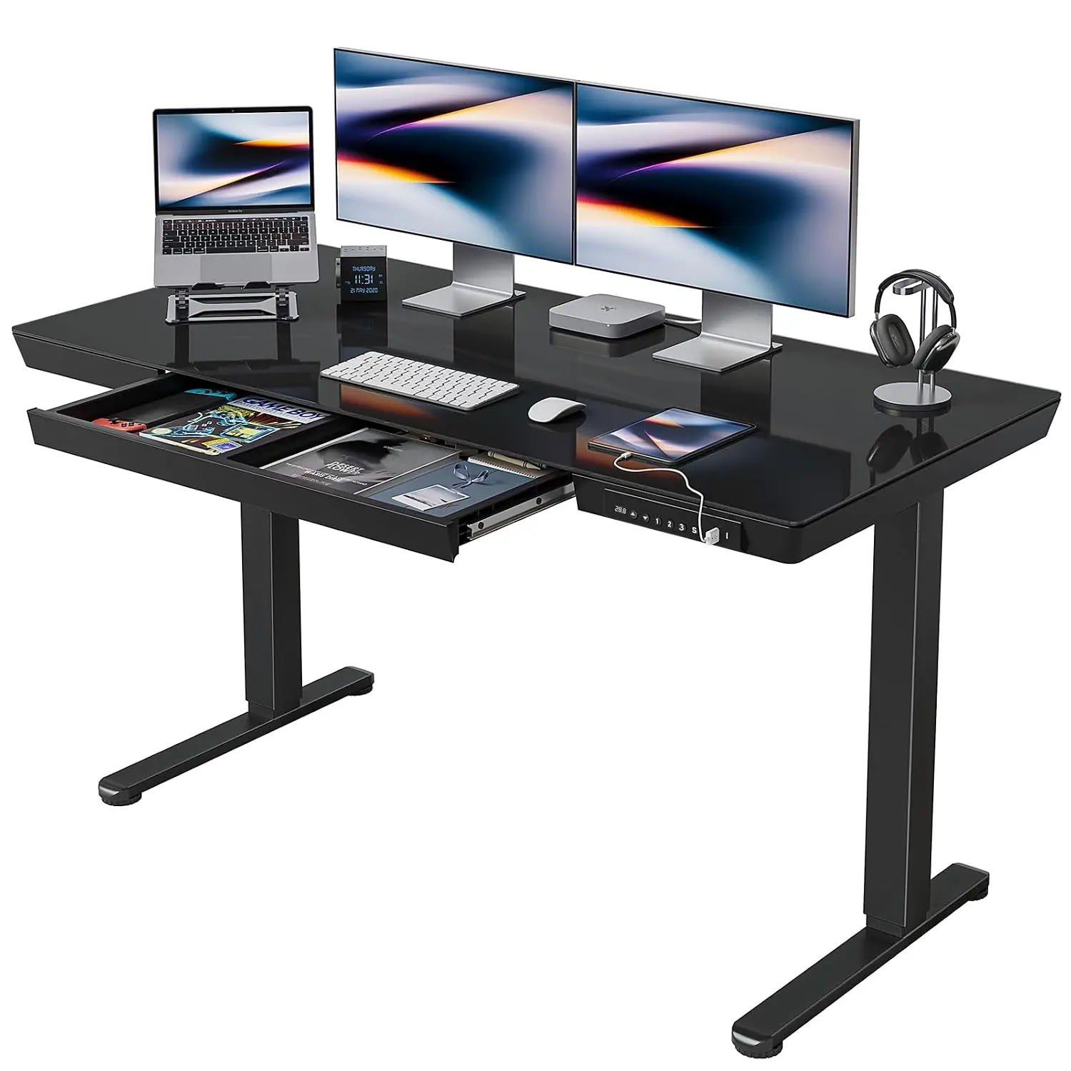 55×24 Electric Standing Desk With Drawer, Glass Height Adjustable Sit Stand Table For Home Office, Black, Customized