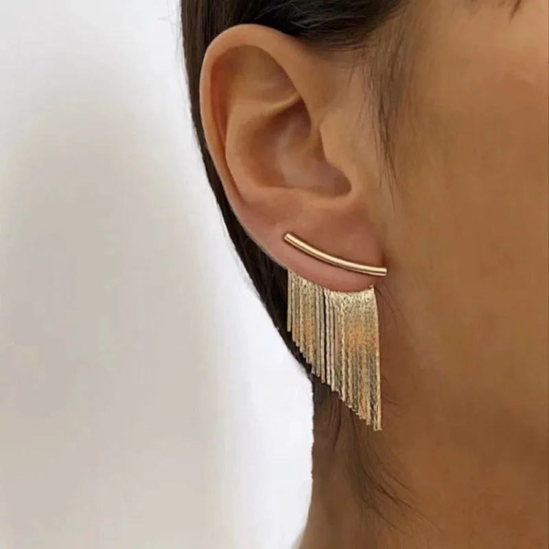 French Retro Metal Tassel Earrings With High-End Stud Earrings On The Front And Back Fashionable Elegant Gift For Friends