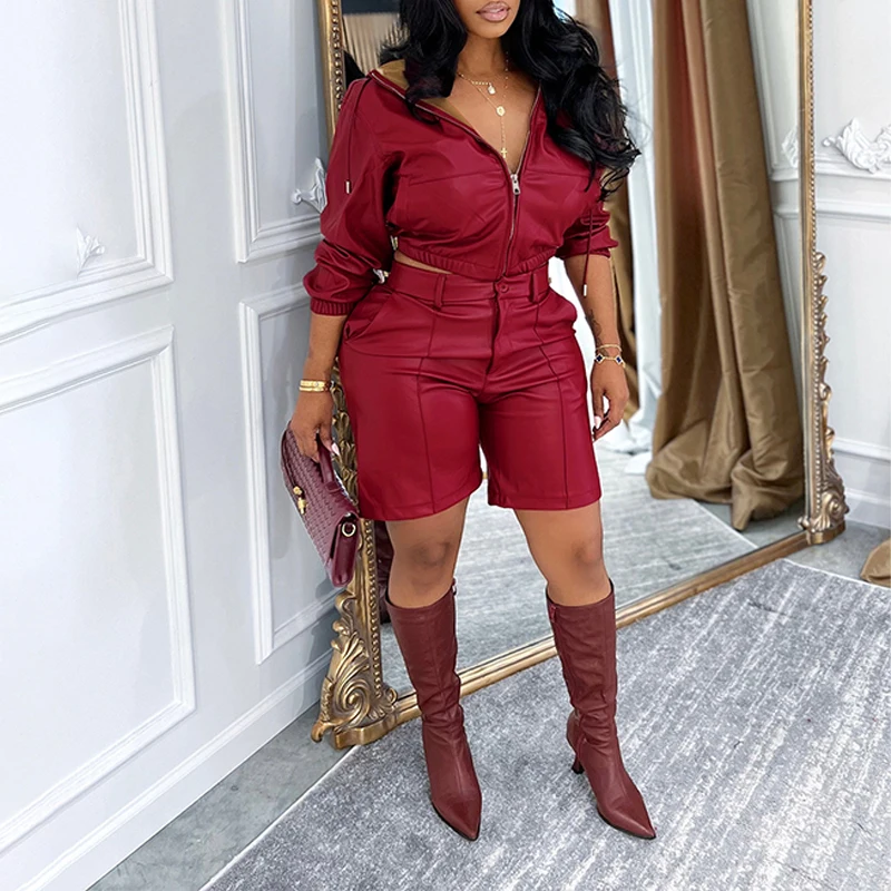 

OMSJ сексуальные кожаные шорты, комплекты с воротником с капюшоном и длинными рукавами, укороченная куртка на молнии, топы + короткие брюки на пуговицах, модные наряды Hottie