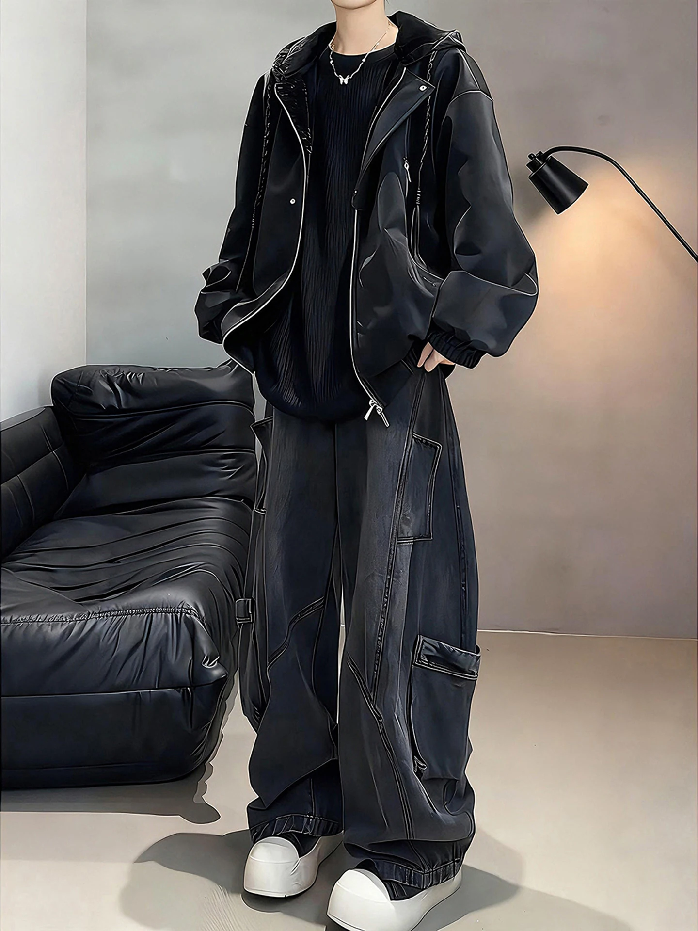 

Bla Fce Lined PU Leather Jaet Men's Winter Thiened Coat American Tee-Proof Hooded Cotton Clothes Mountain Eagle