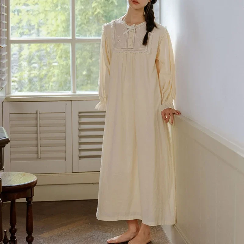 Women Spring Autumn Long Sleeve Sleepwear Princess Nightwear Embroider Vintage Loose Nightgown Victorian Pure Cotton Night Dress