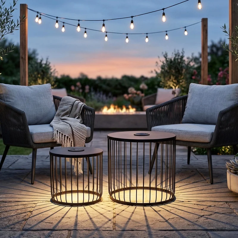 

Solar-Powered Round Side Tables with LED Lights, Metal Wire Cage Design, Indoor Outdoor Patio Nightstand, Matte Black