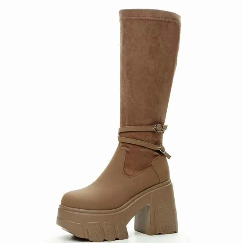

11CM Microfiber Spring Platform Wedge Knee High Autumn Women Boots British Boots Cloth Streth Fabric Leather Ankle Shoes
