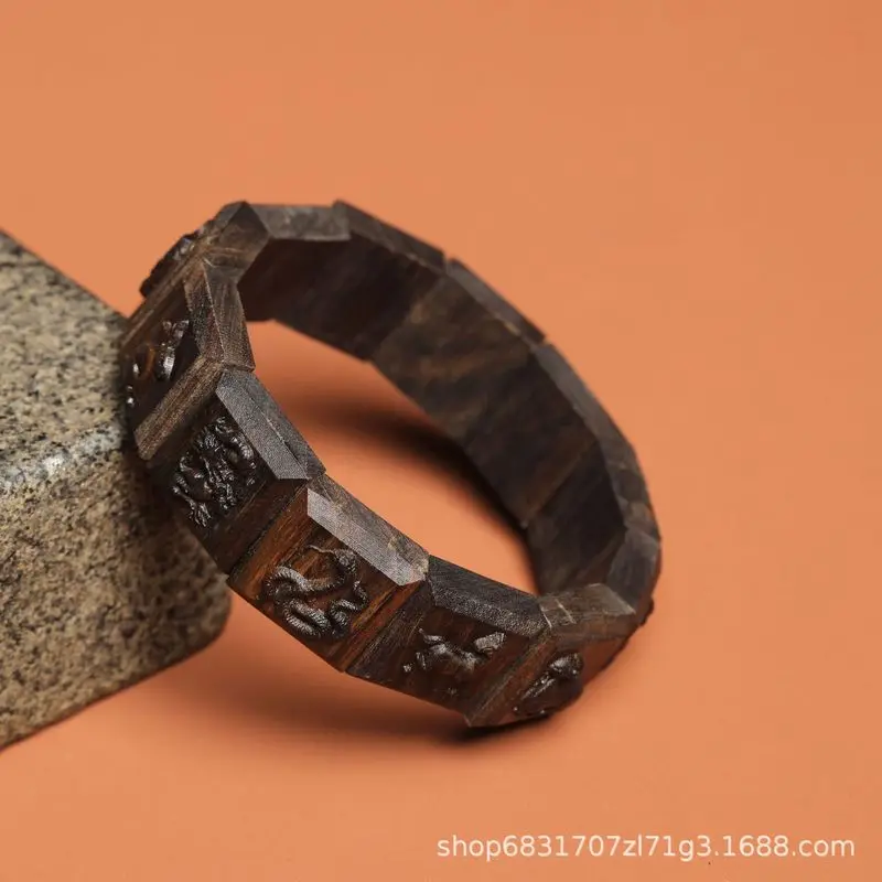 Collectible Agarwood with Zodiac Signs, Vintage Style Bangle, Round Ring Handpiece, Wooden Bracelet for Men and