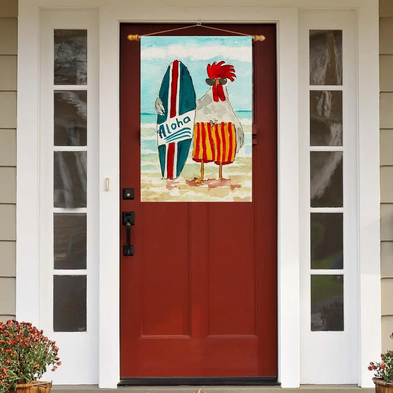 Watercolor Aloha Surfboard Beach Chicken Seaside Themed Summer House Flag Large 28X40 Inch Big Vertical Double Sided Outside SSL