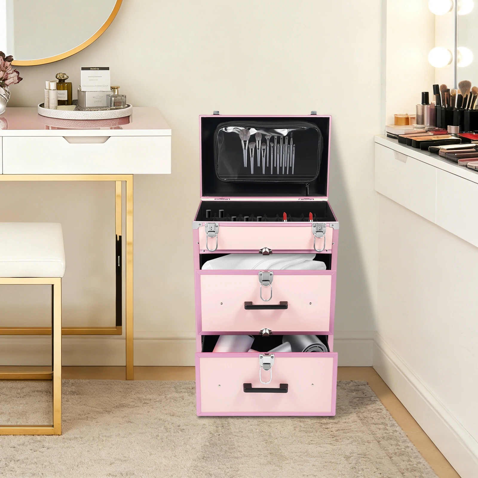 Maleta de Maquillaje Bymaocar de 40 Compartimentos, Rosada, con Ruedas, 2 Cajones Grandes, Bolsa de Almacenamiento Desmontable, Asa Telescópica de 3 Niveles, Ligera (6.7 kg), Ruedas Silenciosas Universales para Salón de Belleza, Uñas y Tatuajes