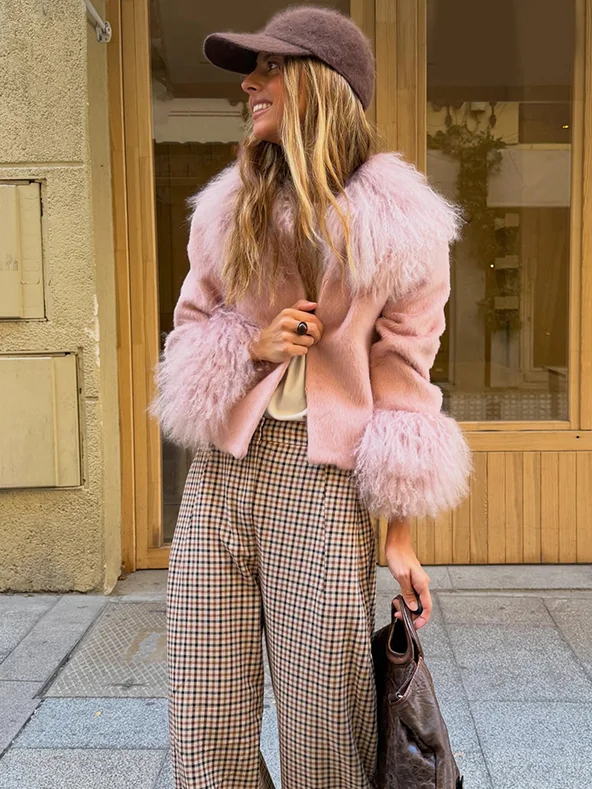 Elegant Chic Pink Lapel Faux Fur Cropped Jacket Long Fluffy Fur Trim Collar Cuffs Open Front Short Coat Lady Office Streetwear