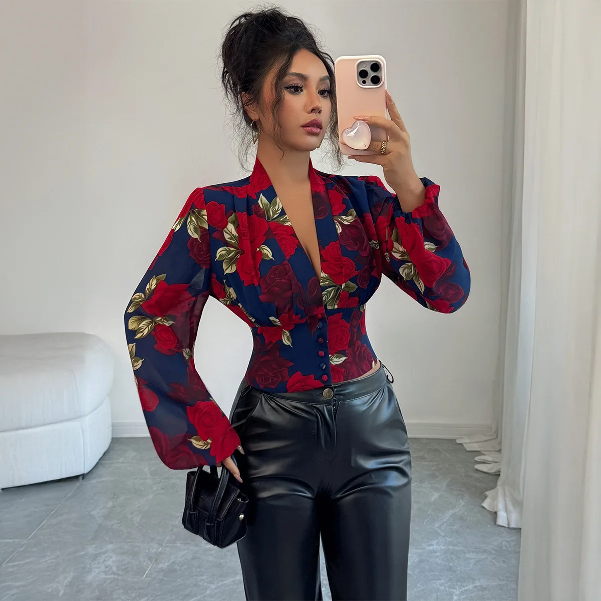 

2026 Office Lady Women's Blouses Printed Casual Shirts Fashion Slim Fit Spring/Summer V-Neck Clothing Long Sleeve Women Tops