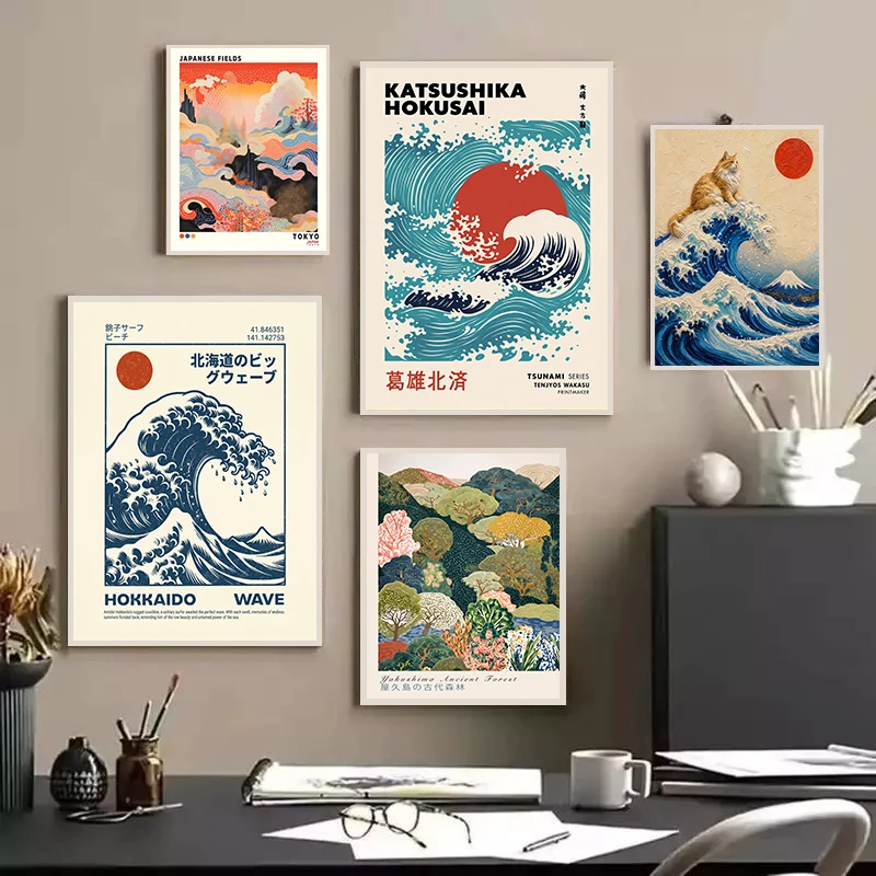 2D Plane Japan Ukiyo-e Wall Art Poster Mount Fuji Surfing Scenery Canvas Print Aesthetic Japanese Landscape Home Wall Decor