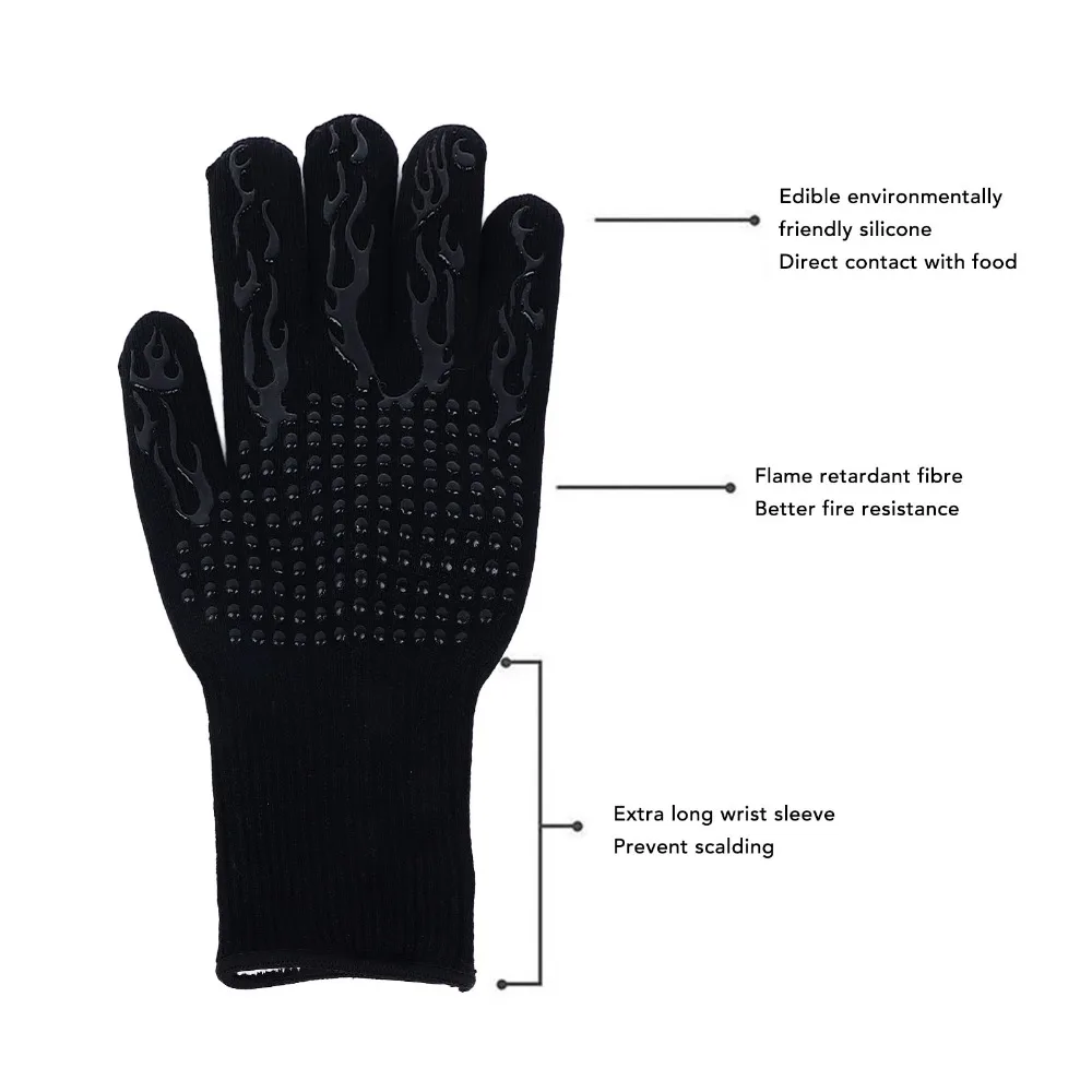 2PCS 800°C /1472°F BBQ Grilling Glove Inner Layer Cotton Outer Flame Retardant Yarn+Silicone Heat Resistant Glove Non Slip