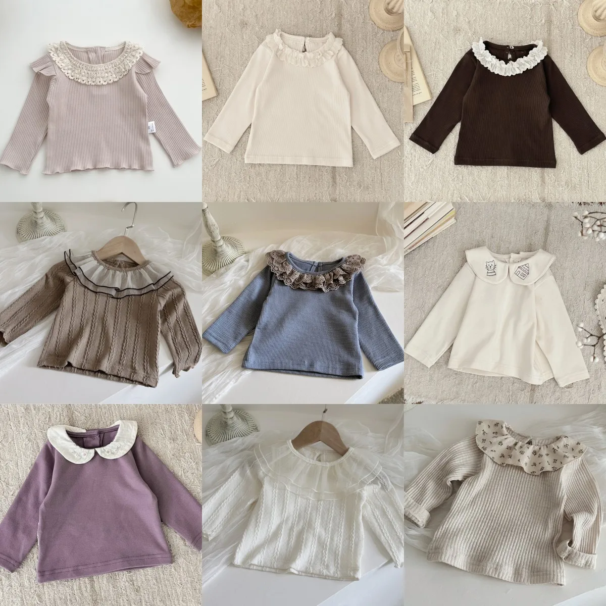 Baby Girls Tops 24 Autumn Infant Cute Lace Collar Top Baby Girl Lotus Leaf Collar Long Sleeve Bottom T Shirt