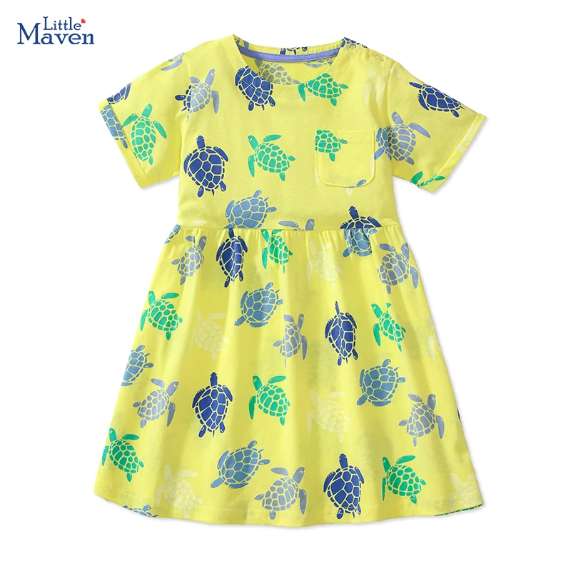 Little maven Kids Clothes 2025 New Summer Children's Clothing Cartoon Tortoise Party Dresses Holiday Cotton Casual Vestidos