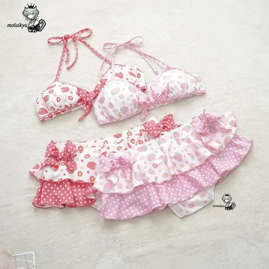 

2Pcs Japanese Girl Bikinis Set Sweet Kawaii Summer Y2K Aesthetic Fashion Fruit Print Ruffle Set Bow Appliques Punk Beach Clothes