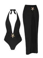 Trajes de baño de una pieza de estrella de mar con falda dividida alta, trajes de baño de 2 piezas para mujeres elegantes, conjuntos de Bikini Sexy con cuello Halter K59