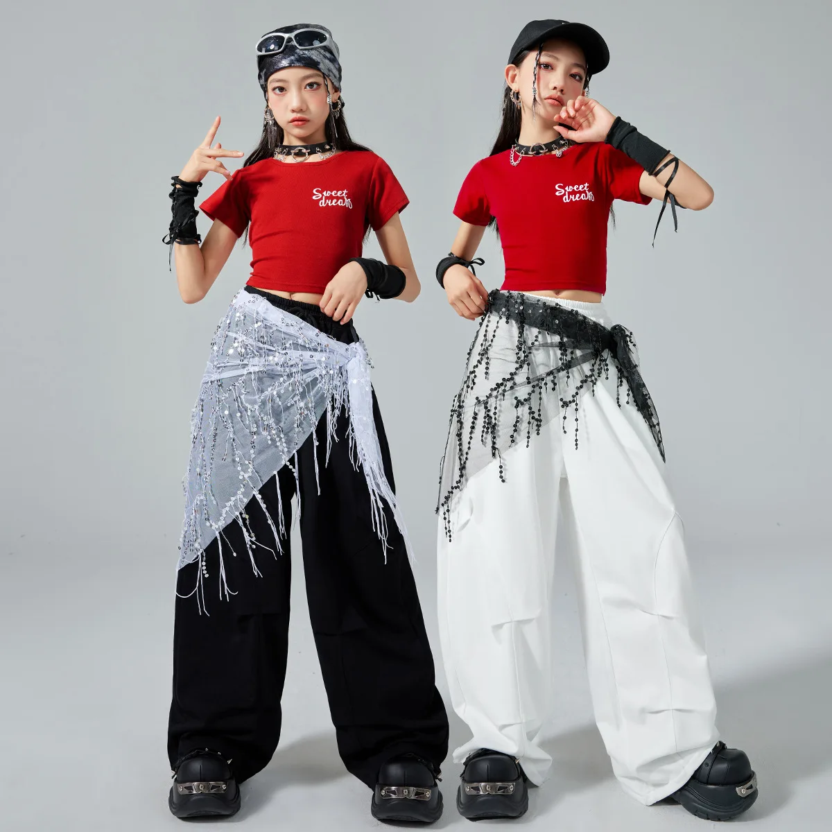 Girls Kpop Cool Letter Crop Top Skirt Street Dance Cargo Pants Costume Kids Hip Hop Jazz Girl Group Clothes Set Child Streetwear